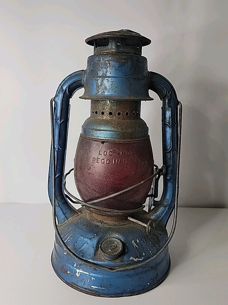 Vintage Blue Deitz Little Wizard Lantern, NY, Red Globe, Rust Showing, Untested