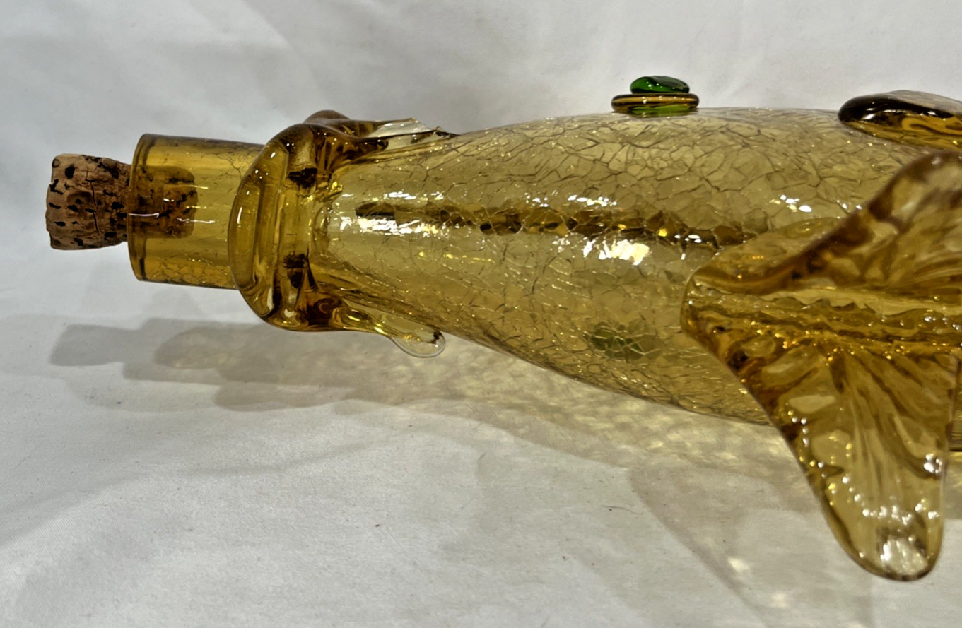 Vintage Amber Green Murano Crackle Glass Fish Decanter