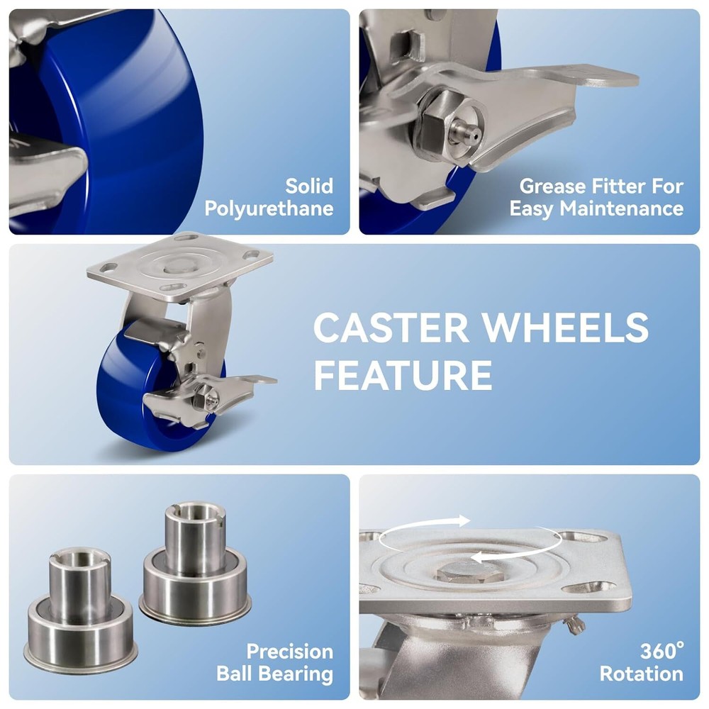 4"X 2" Heavy Duty Casters Solid Polyurethane Wheel Capacity up to 750-3000 LB