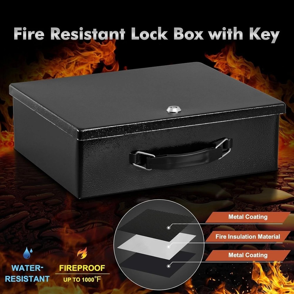 Fireproof Document Box with Key Lock, Small Lock Boxes for Personal Items, Fi...