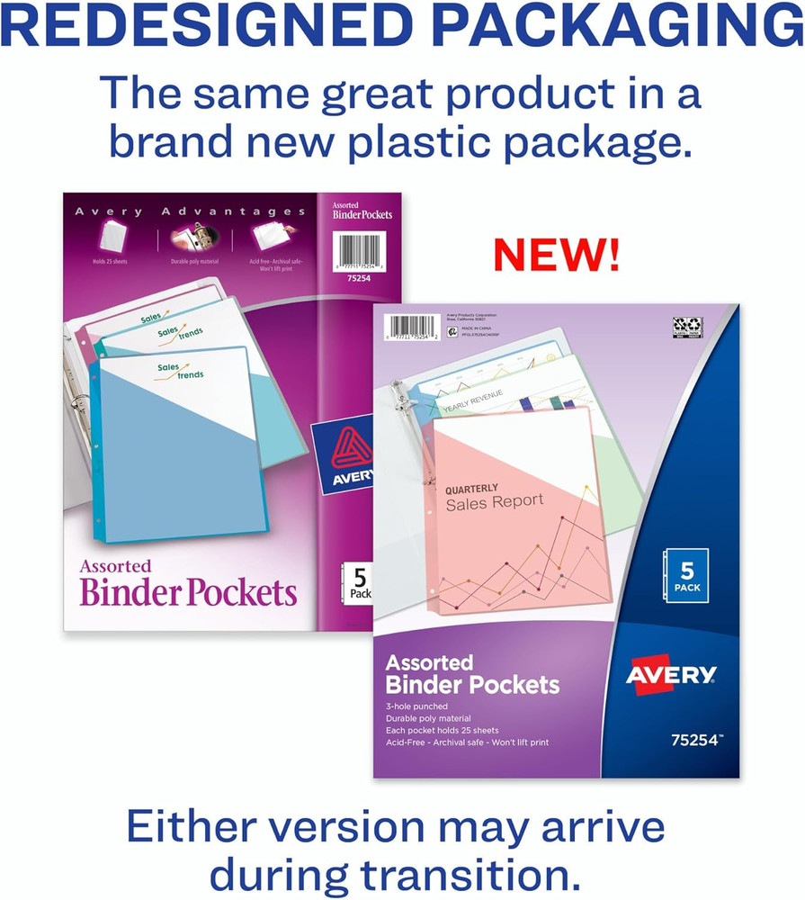 Binder Pockets for 3 Ring Binders, Assorted Colors, for 8.5" X 11" Documents, Ac