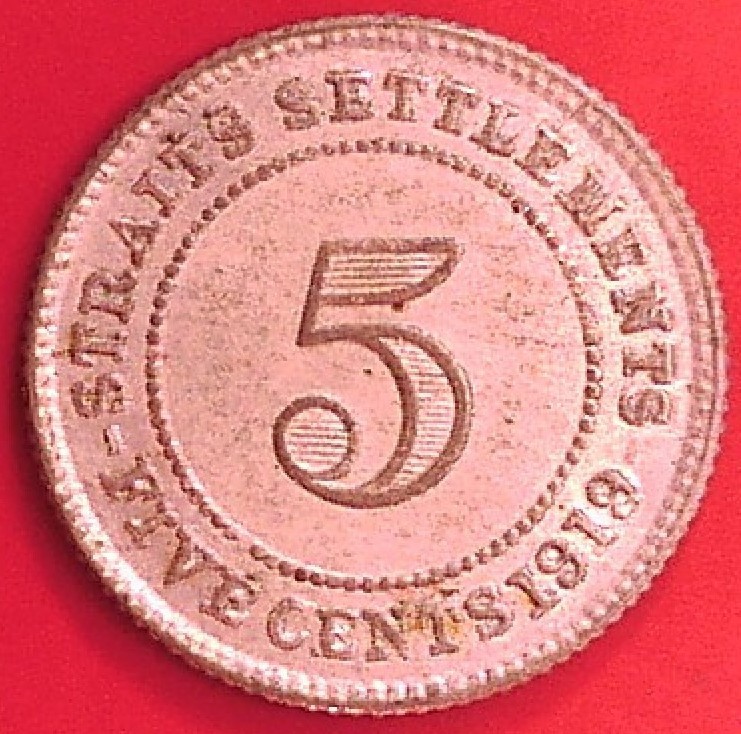STRAITS SETTLEMENTS /  SILVER 5 FIVE CENTS 1919 EF