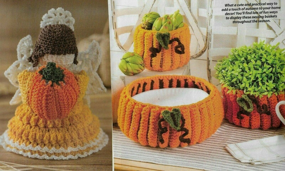 HARVEST BLESSINGS ANGEL & 3 PUMPKIN PATCH BASKETS CROCHET PATTERN INSTRUCTIONS