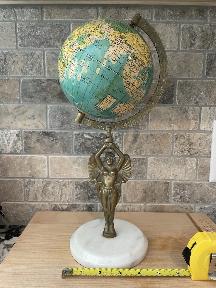 Vintage Desktop Globe With Brass Statue And Marble Base ￼