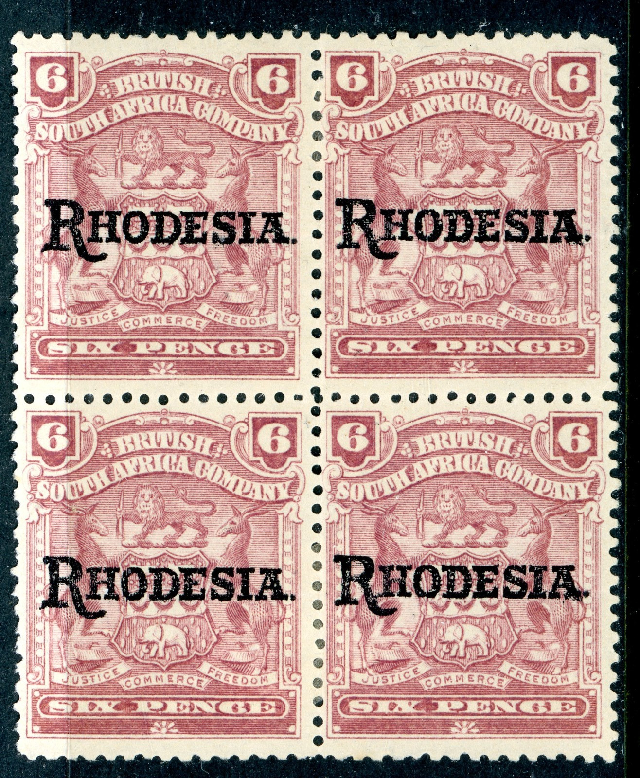 Rhodesia 1909 British KEVII 6p Reddish Purple Block SG #106 Mint S724