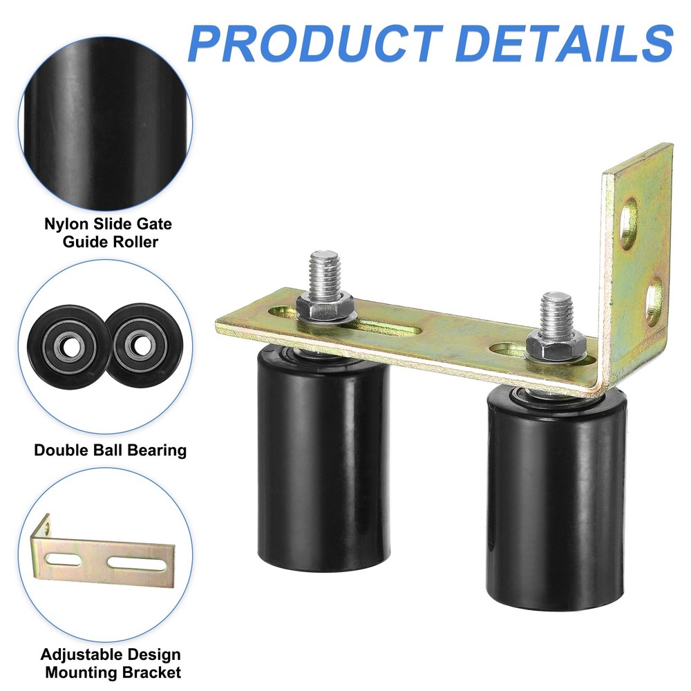 1Set Slide Gate Guide Roller, 2"x2-3/4" Nylon Gate Support & Bracket, Black