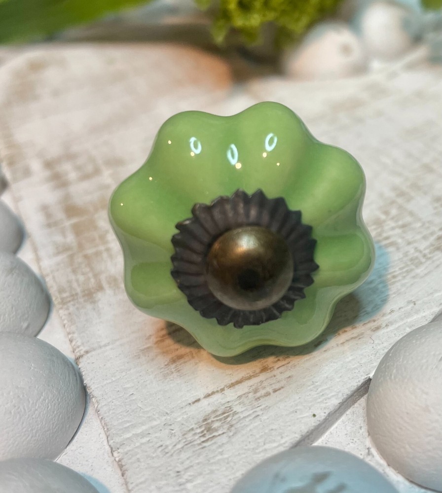 2 Brass 1.25" JADEITE GREEN Kitchen Cabinet Drawer Knobs Depression Caramic