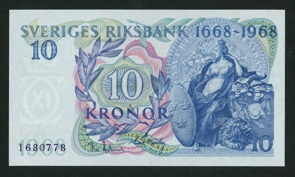 🔴SWEDEN  10 Kronor  1968  UNC   P56a🔴