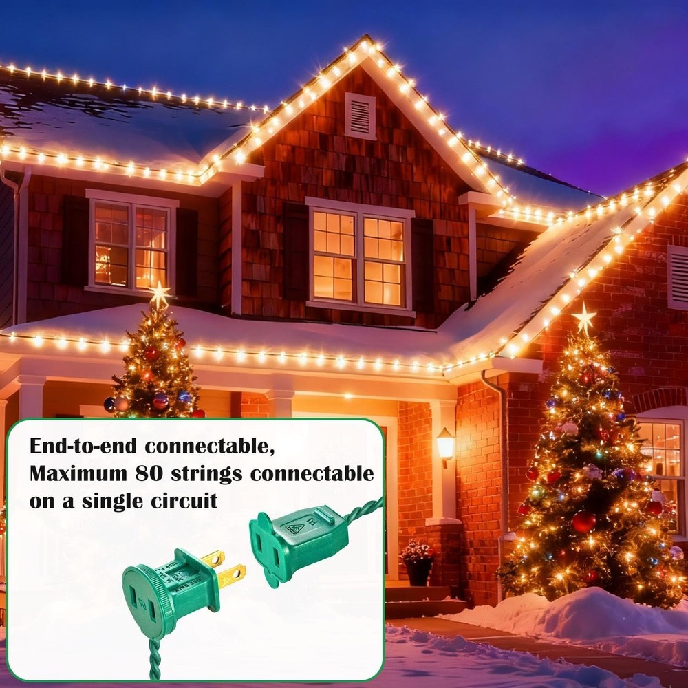 C9 LED Christmas String Lights, Quick Shingle Gutter Clips, 33 Ft End to End Con