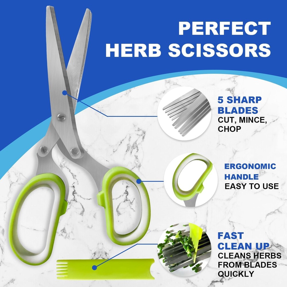 2 Pack Green Herb Scissors, Shallot Multipurpose 5 Blade Green-b