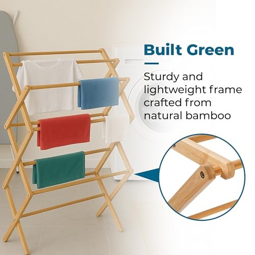 Collapsible Bamboo Drying Rack – Sturdy & Foldable Laundry Drying Rack, Space