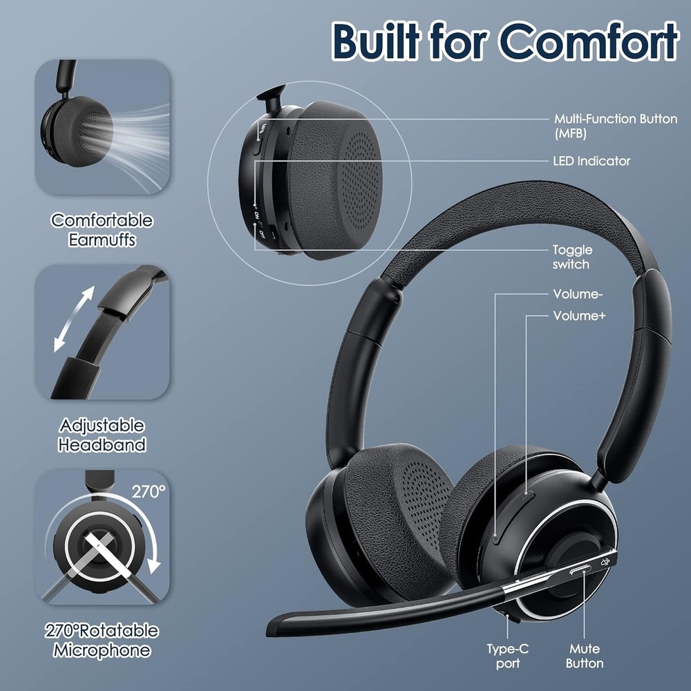 Wireless Headset with Mic for Work, Bluetooth Headset with Microphone (Noise ...