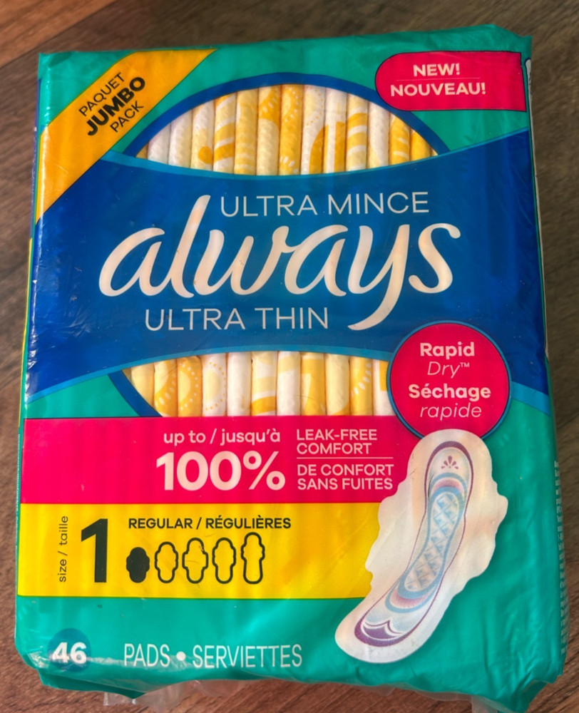 Always Ultra Thin Pads with Wings, Size 1, Regular, 46 Count