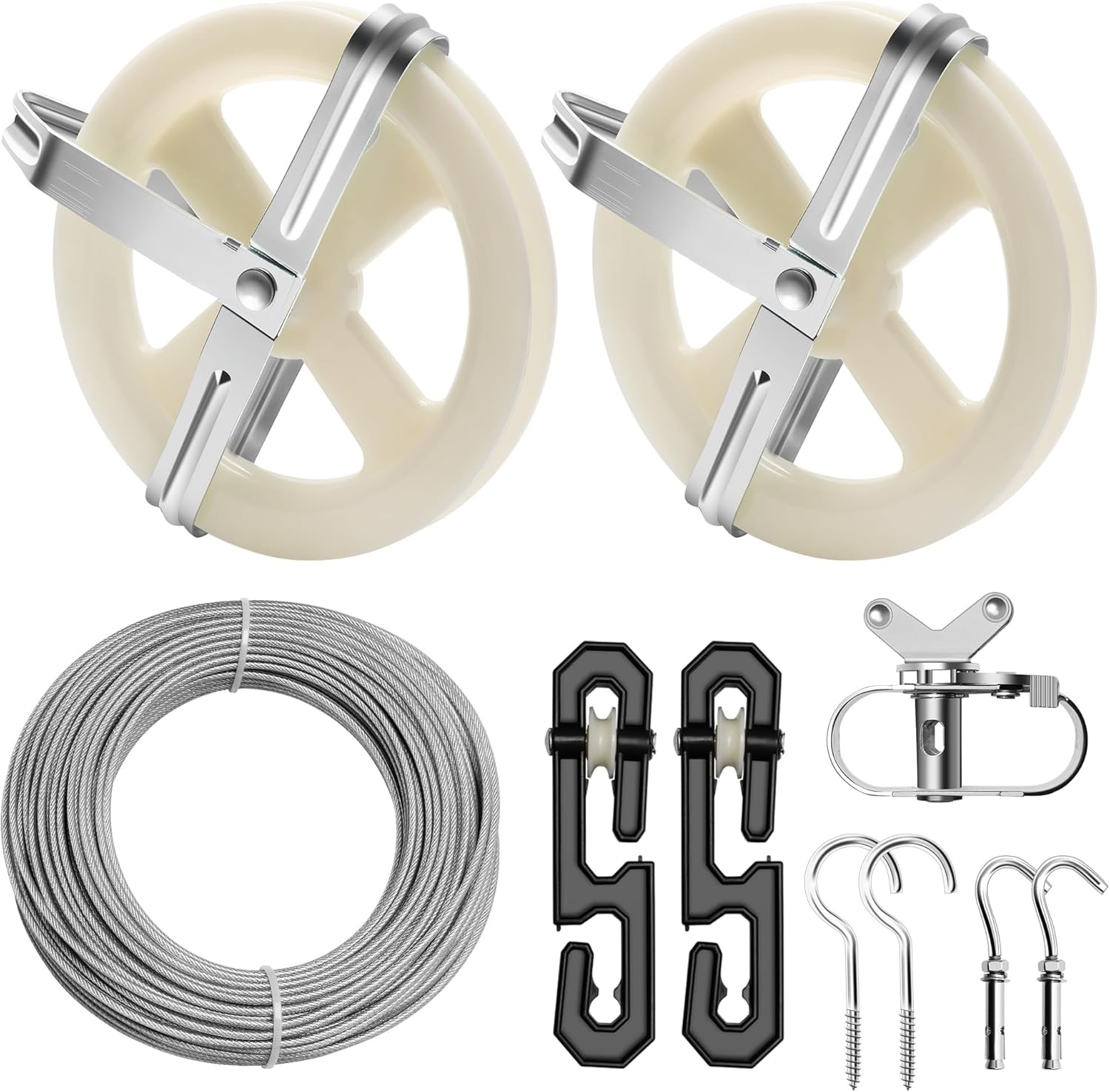 Clothesline Pulley Kit Outdoors 150.9FT PVC Wire Rope 5" Pulleys Tightener Hooks