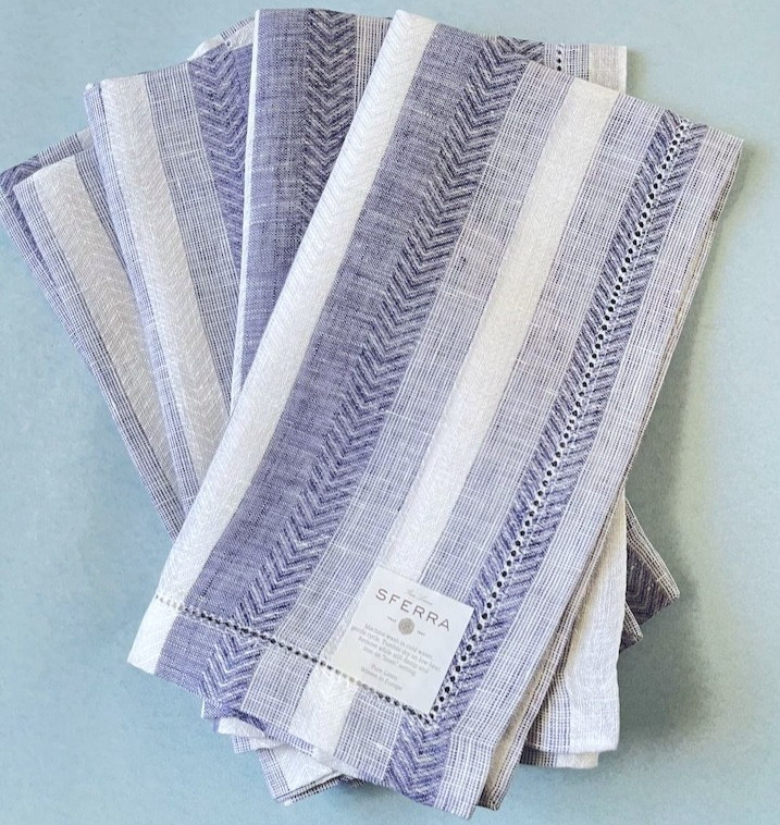 Sferra Ascot Dinner Napkins 6 PC. Herringbone Stripe Linen w/Hemstitch 20x20 New