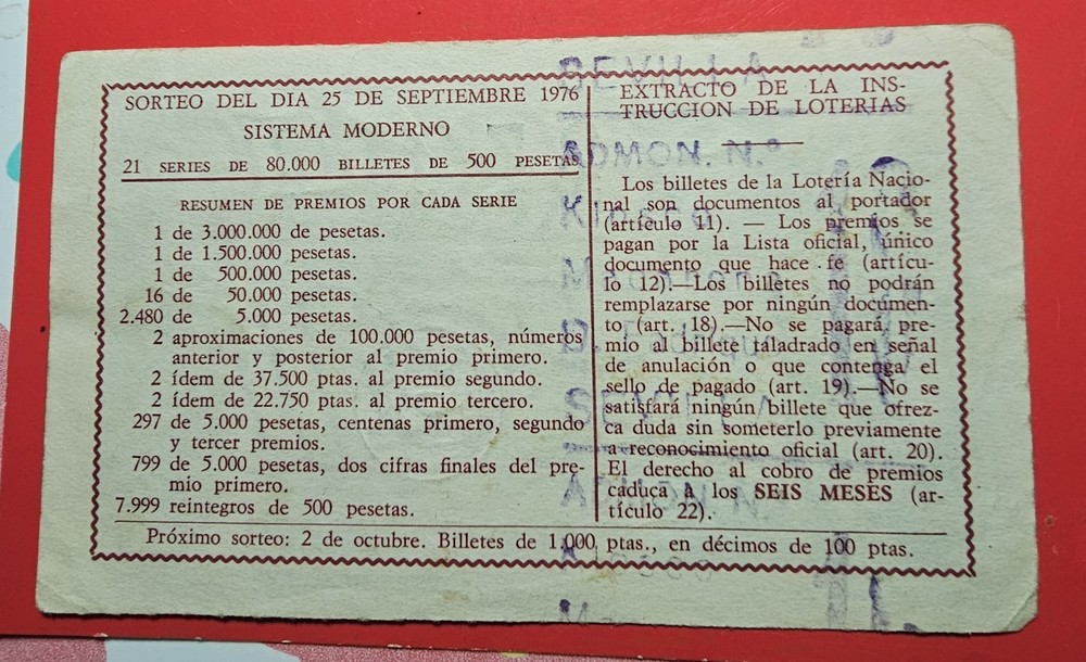 SPANISH LOTTERY Ticket from 1976 (D)