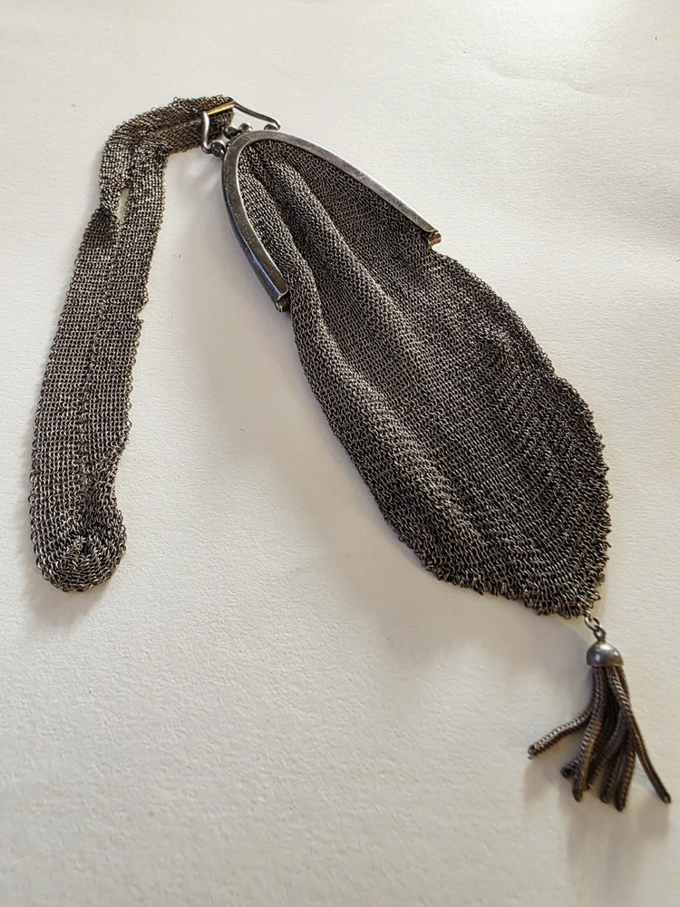 Antique Solid Silver 800 German Small Mesh Handbag Purse with Mesh Handle Strap.