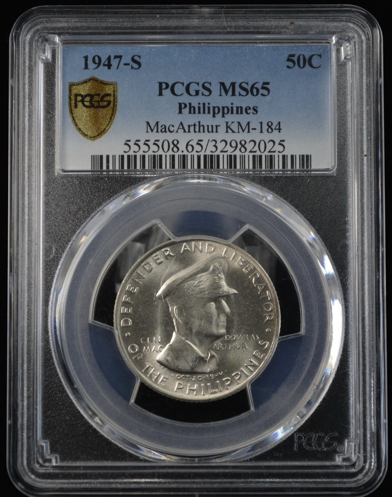 1947 S MacArthur Silver Philippines Half Dollar 50c- PCGS MS65
