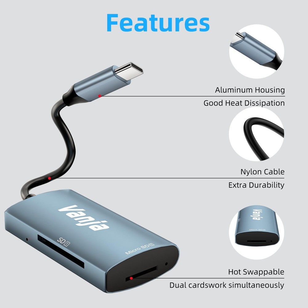 USB C High-Speed SD MicroSD Card Reader Adapter 3.2 Gen 1 5Gbps Windows Mac iOS