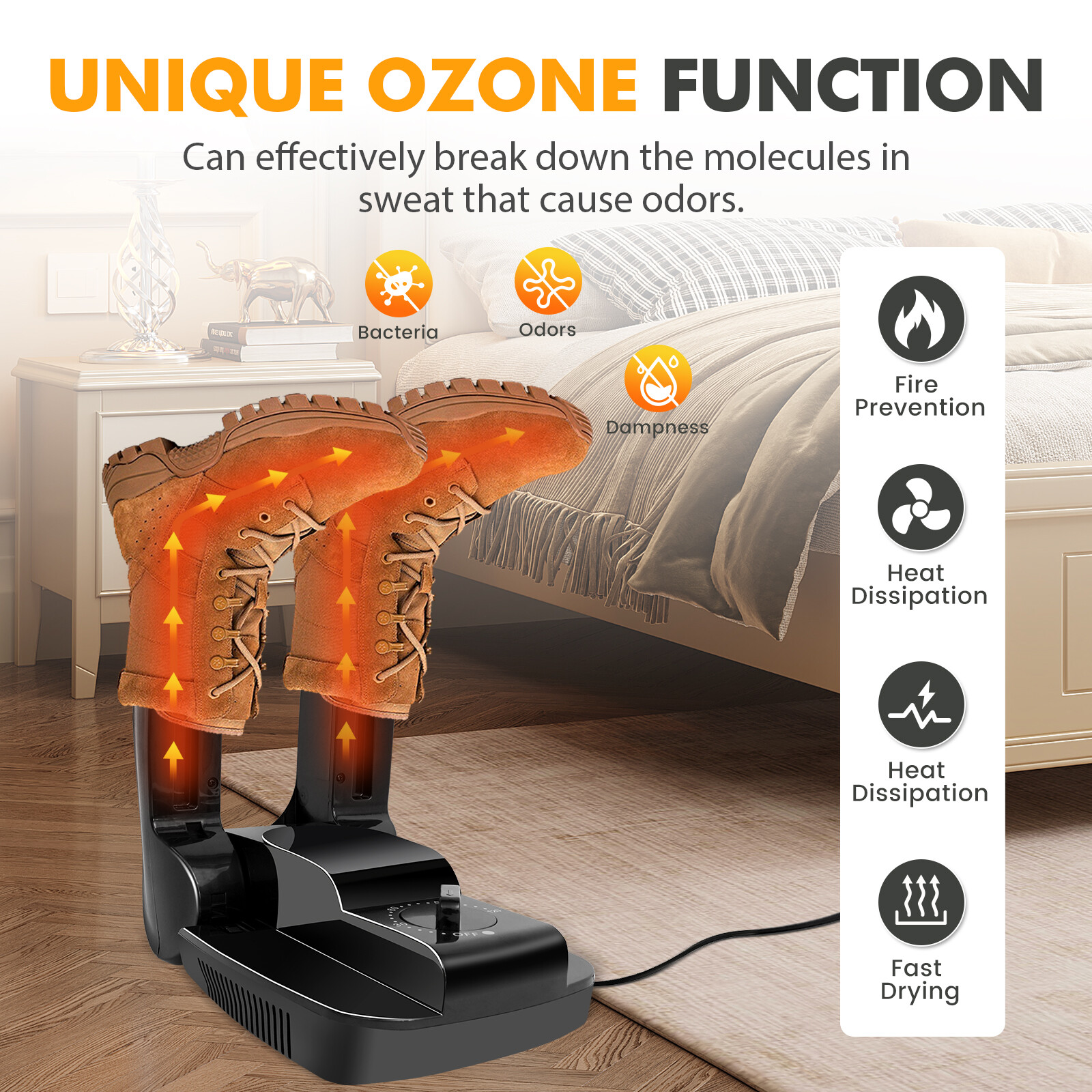 2-Tube Shoe Dryer Boot Dryer with Heat Blower Black Prevent Odor Mold Foldable