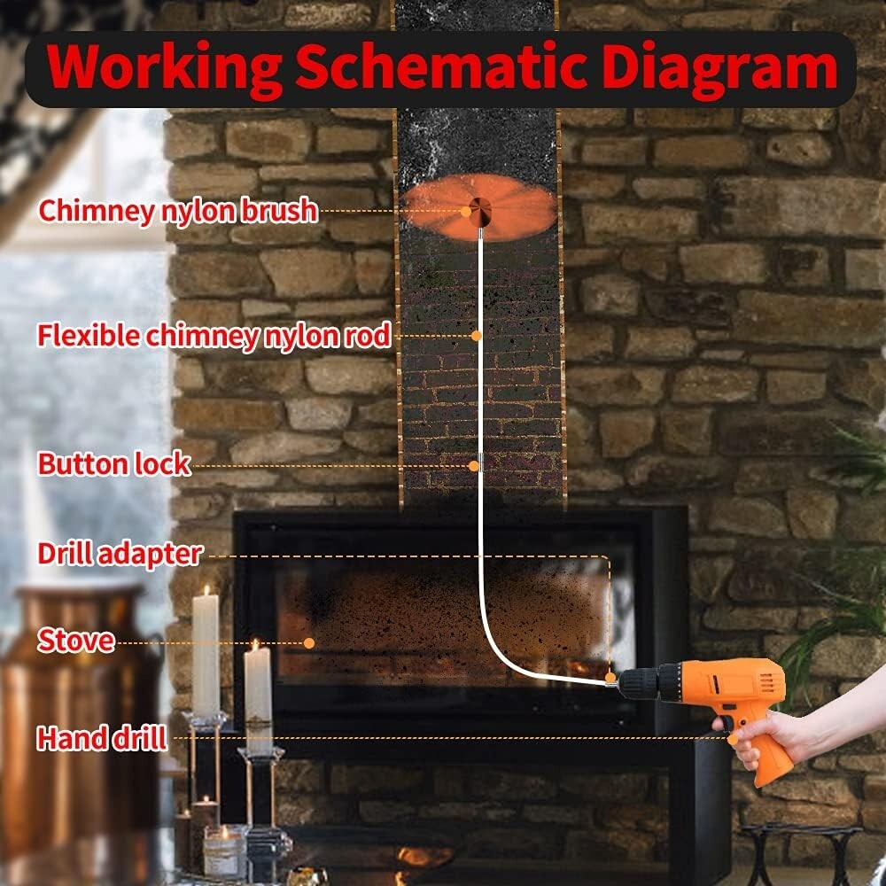 Chrome Button Locking Chimney Cleaning Kit with 8 Flexible Rods & Brush