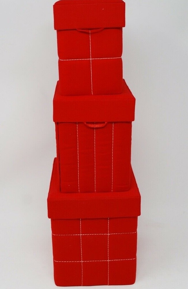 Christmas Stacking Nesting Gift Boxes Red Quilted Cloth Board Box Be Merry 3pc