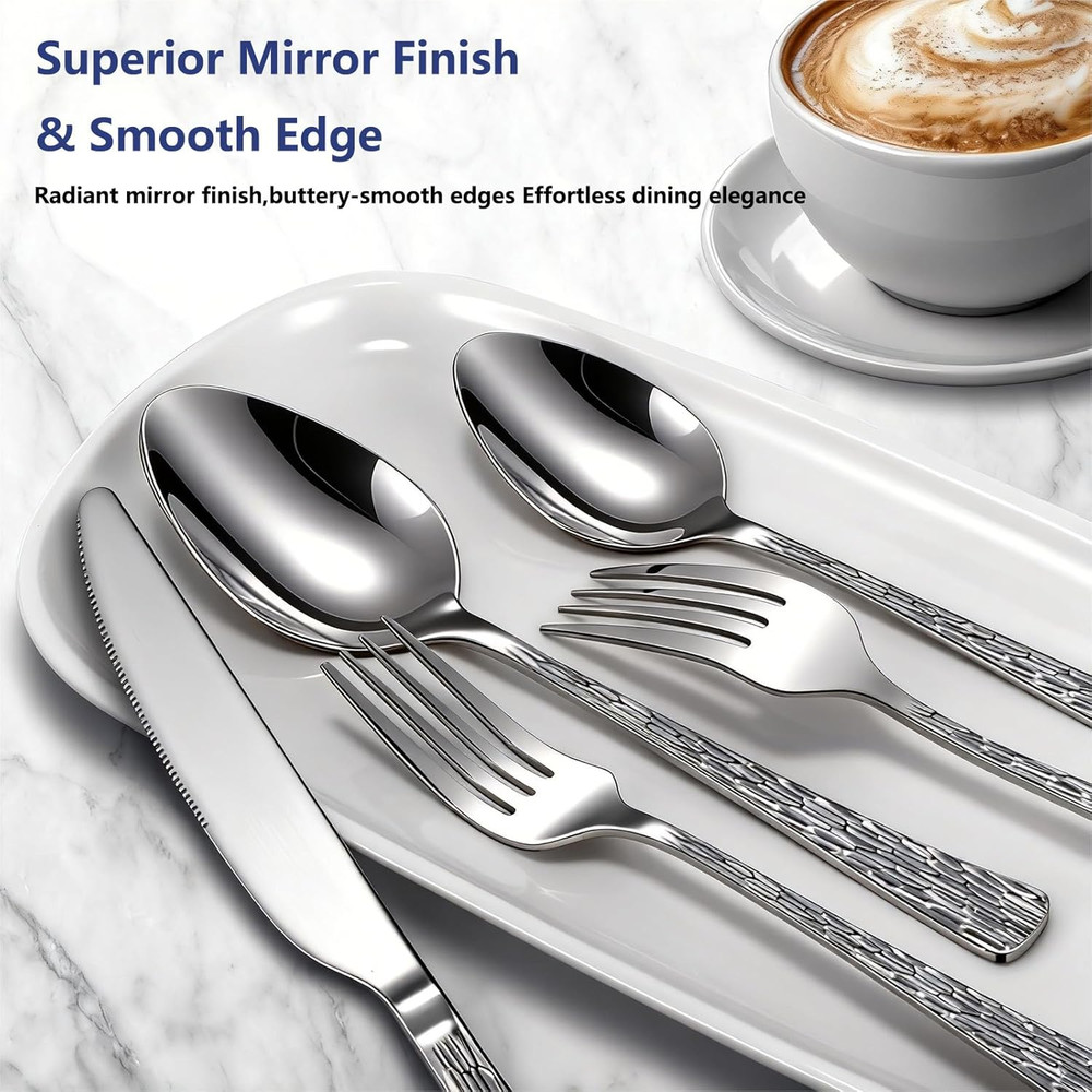 60-Piece Hammered Silverware Set for 12 Stainless Steel Flatware Tree Pattern ..