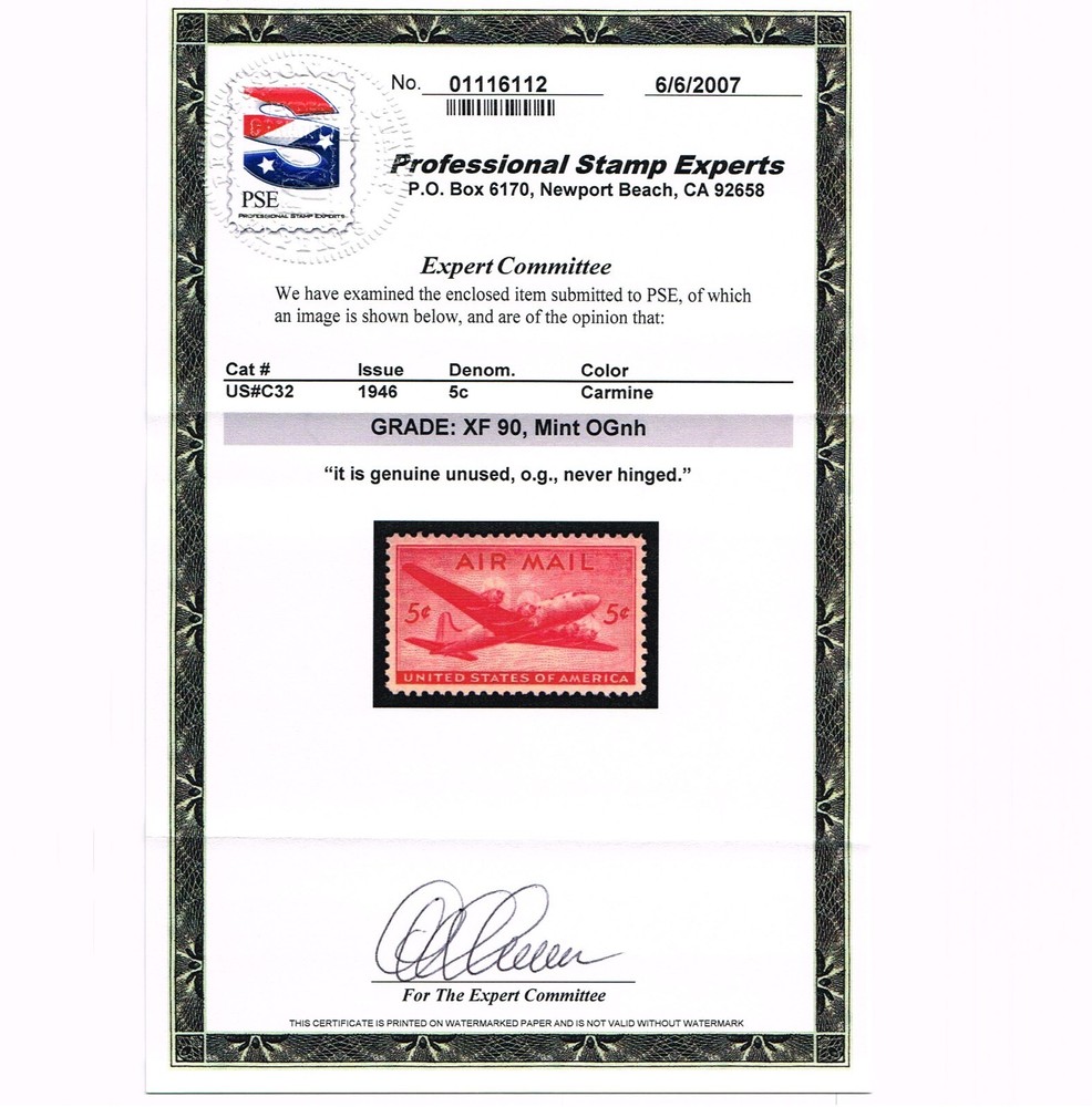 EXCEPTIONAL GENUINE SCOTT #C32 MINT PRISTINE OG NH PSE CERT GRADED XF-90