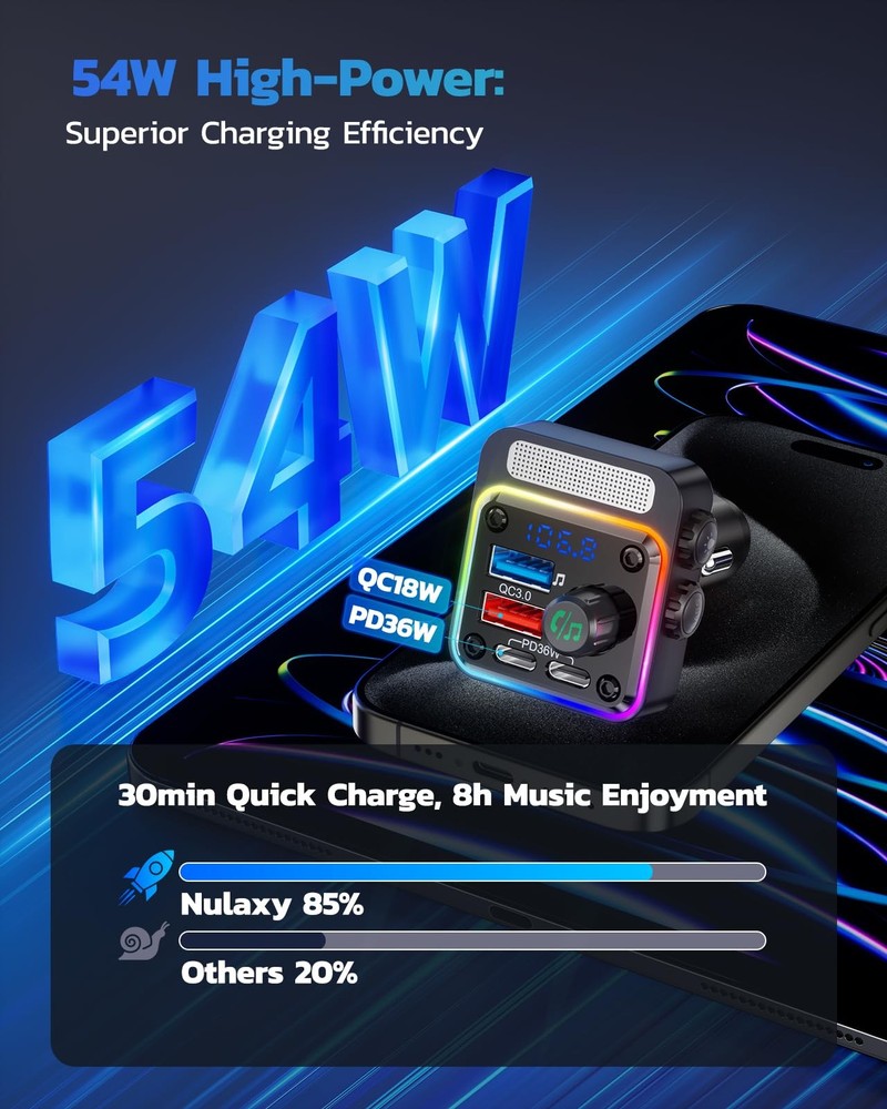 Nulaxy 54W Bluetooth 5.3 Car Adapter Charger 4-Port Fast Small, A-Black