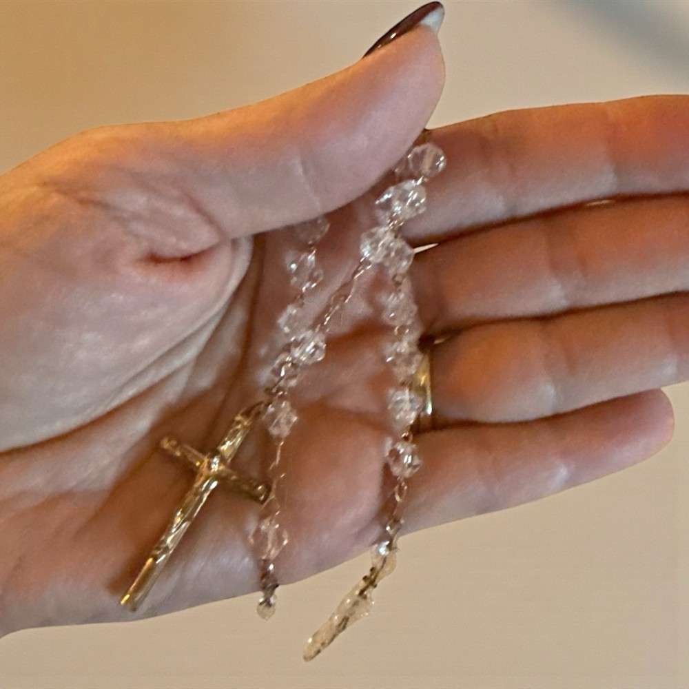 Crystal Beaded Gold Rosary Necklace Crucifix Catholic-