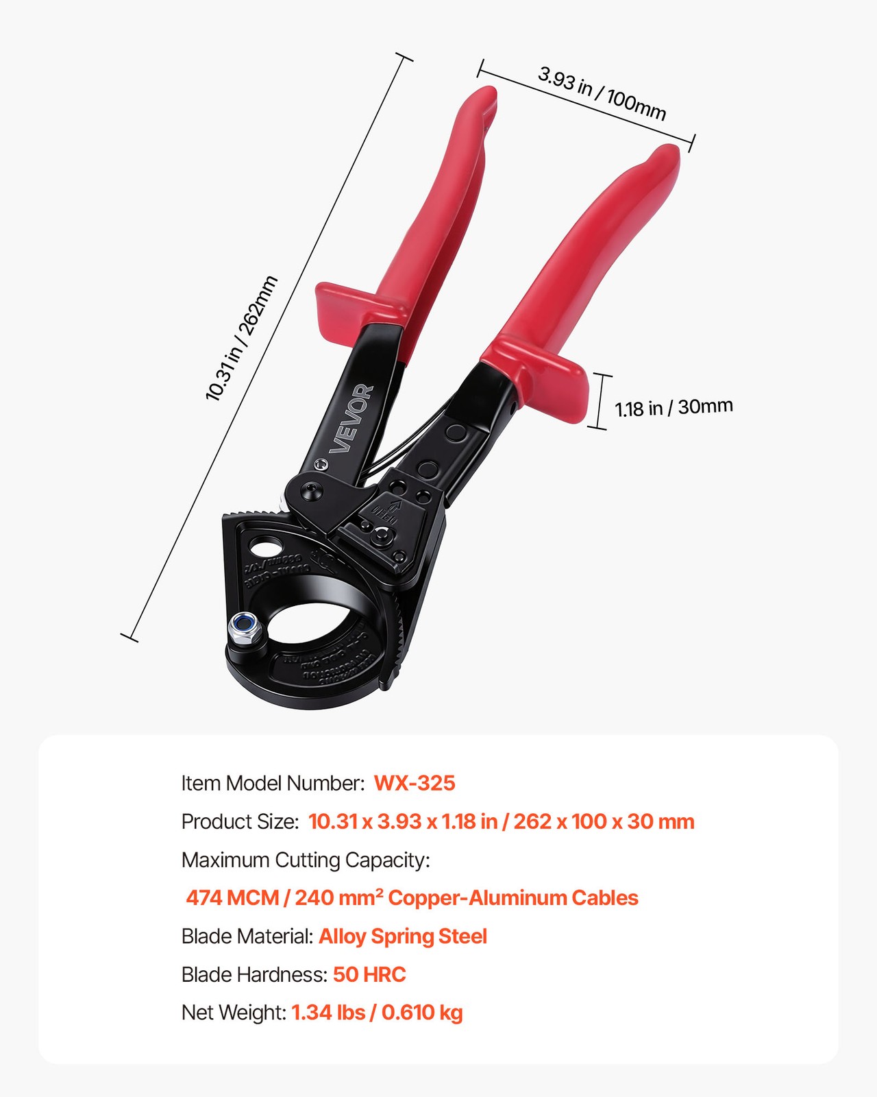 VEVOR Ratcheting Cable Cutter for Cutting Copper Aluminum 474 MCM / 240 mm²