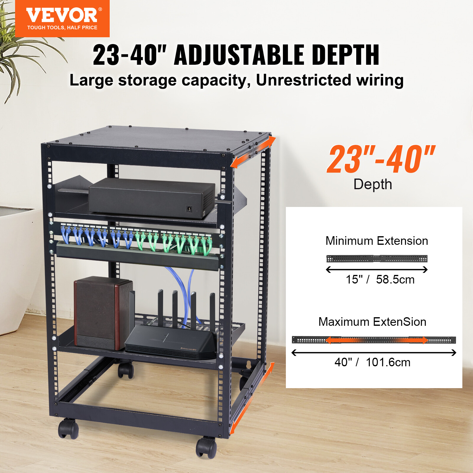 VEVOR 15U 4 Post Open Frame Server Rack Network Enclosure 23''-40'' Adjustable