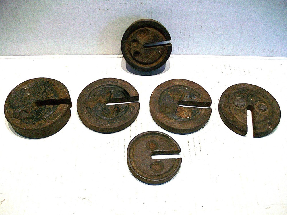 6 Vintage Cast Iron Platform Scale Weights