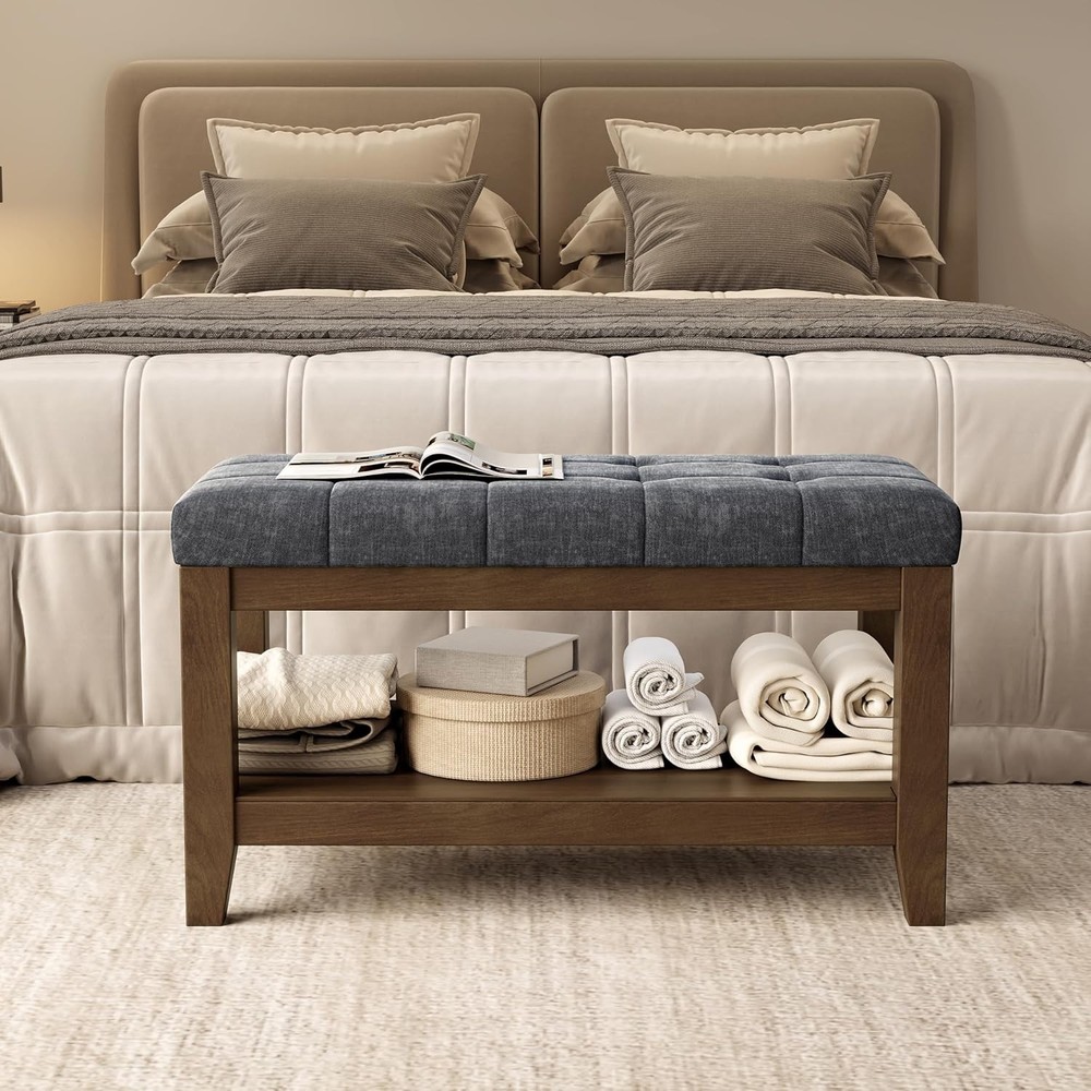 Solid Rubber Wood Shoe Bench Soft Chenille Material Upholstered Seat 770LB