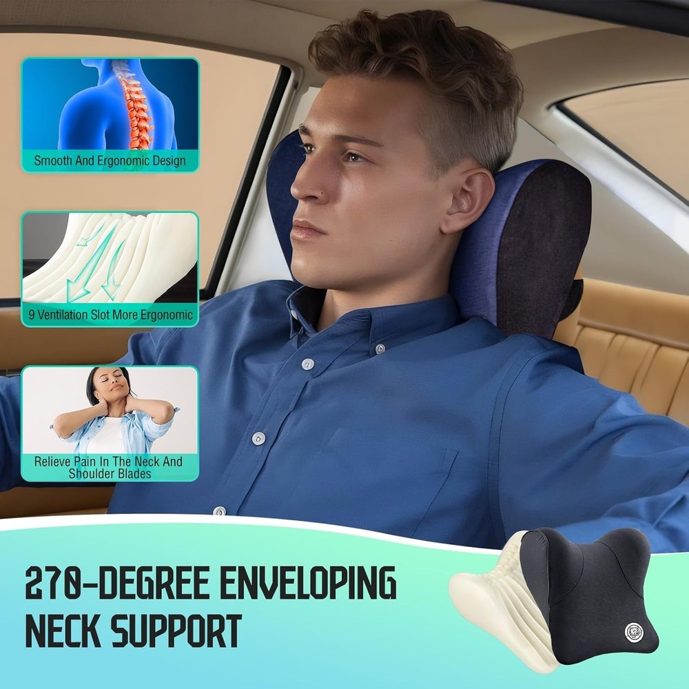 Dark Grey Memory Foam Car Neck Pillow with Adjustable Strap Support