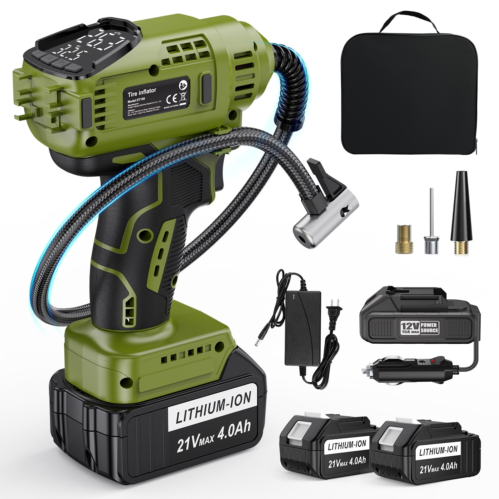 Cordless Tire Inflator Air Compressor with 2PC 21V Max Battery 150PSI Portable