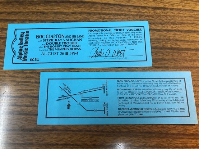 SRV's Last Concert Ticket Voucher - Alpine Valley August 26th