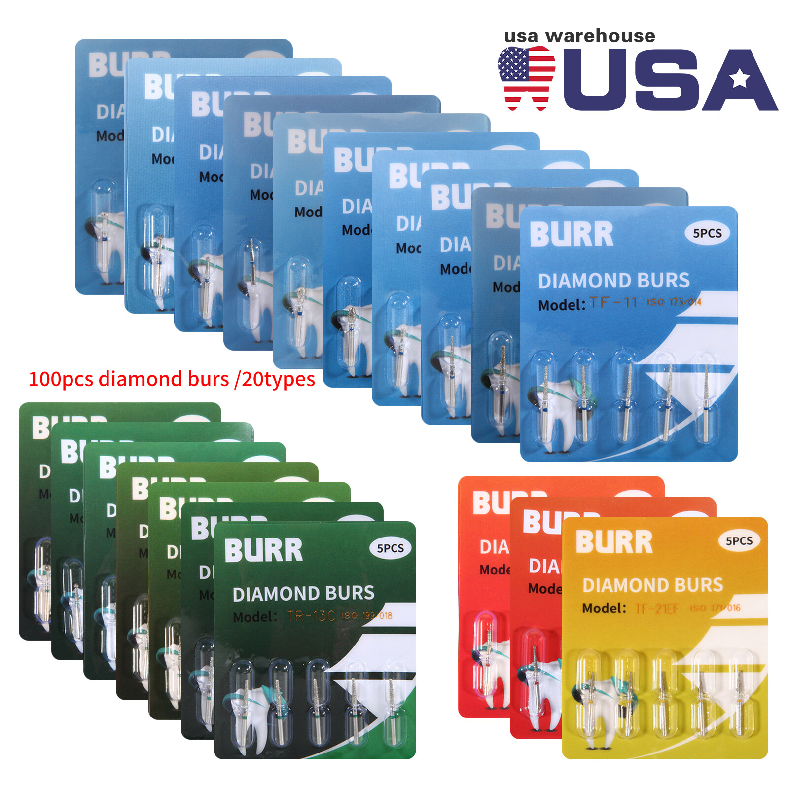 100 fresas diamante para turbina Diamond Burs dental High speed handpiece 1.6mm