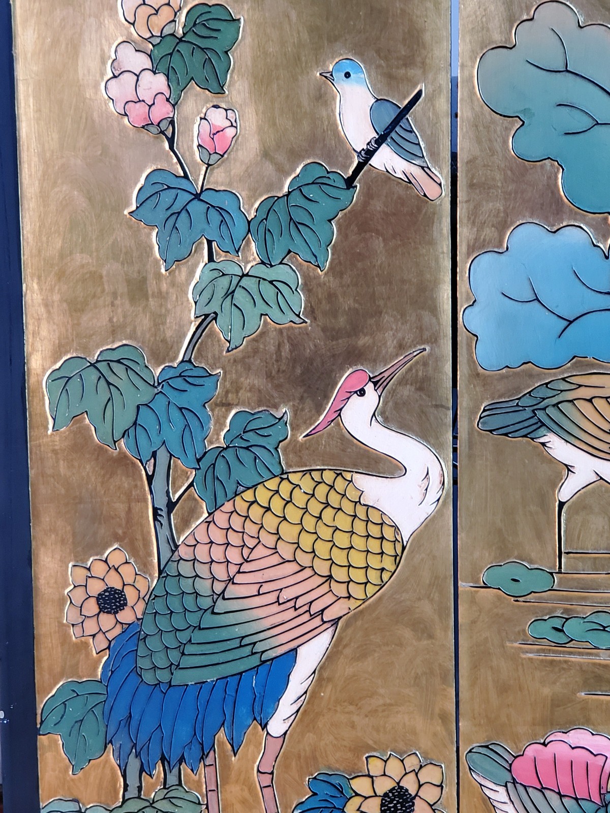Gold Lacquered Chinese Screen 1960s Excellent Lotus Cranes Doves Flowers !