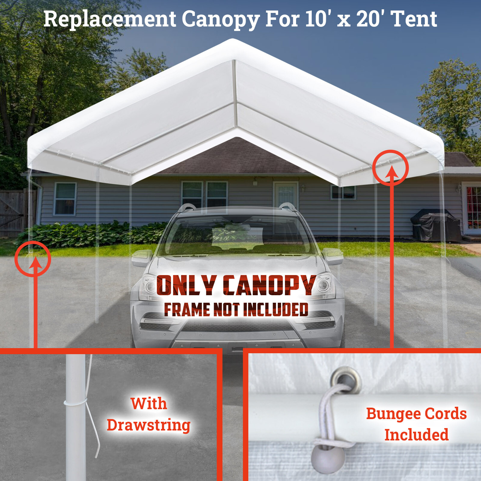 10x20' Carport Replacement Canopy Garage Top Cover Only with Bungees Ball & Edge