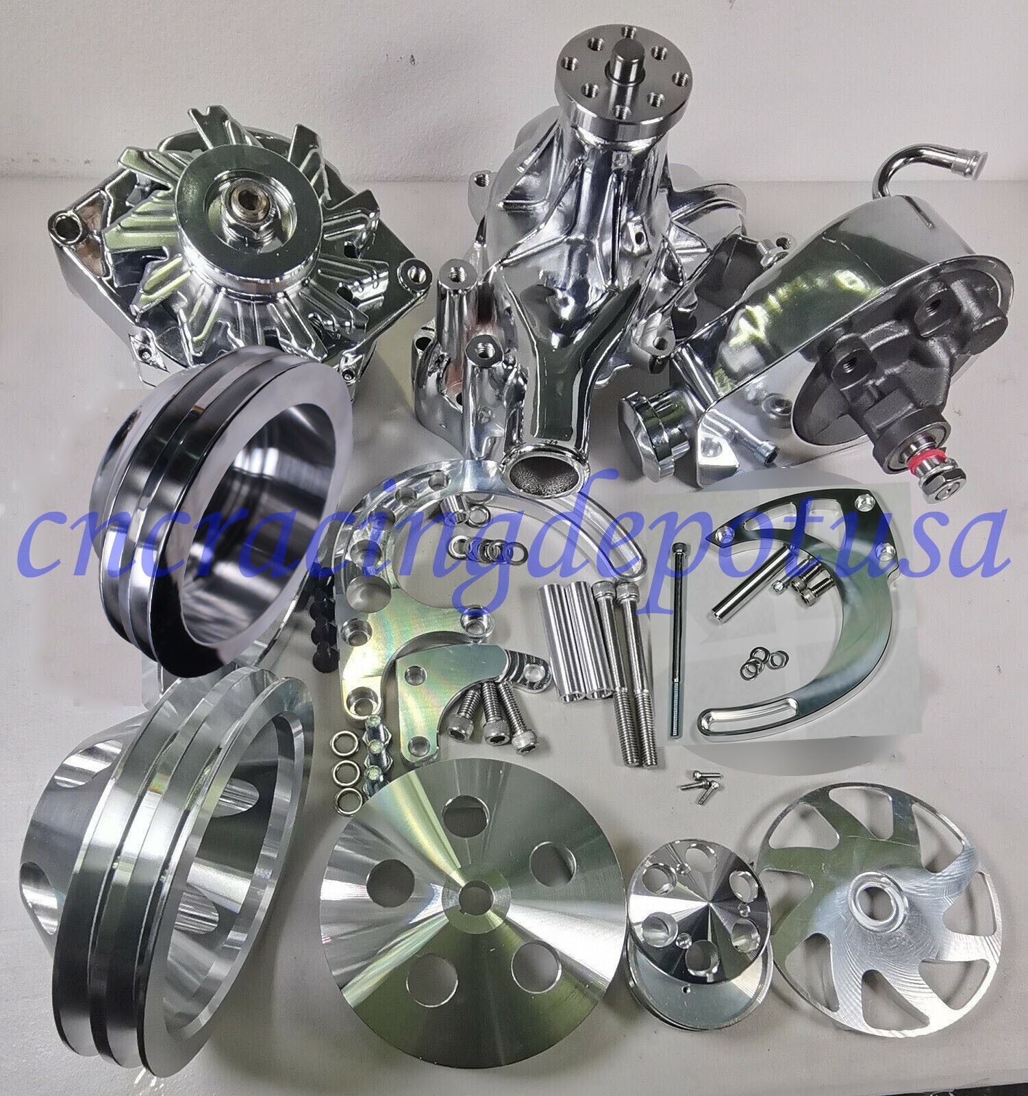 CHEVY SBC 350 MID MOUNT ALUM FRONT ACC DRESS UP COMPLETE KIT FOR LONG WATER PUMP