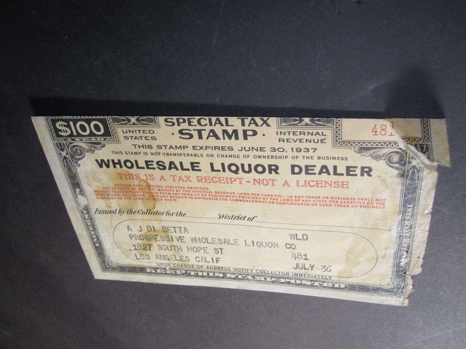 vTg 1937 $100 Wholesale Liquor Dealer Special Tax Stamp CALIF w/ Revenue coupons