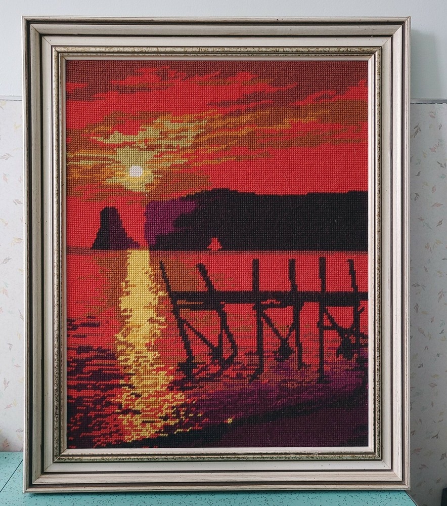 Professionally Framed Needlework Needlecraft Sunset Water Dock 22"x18"