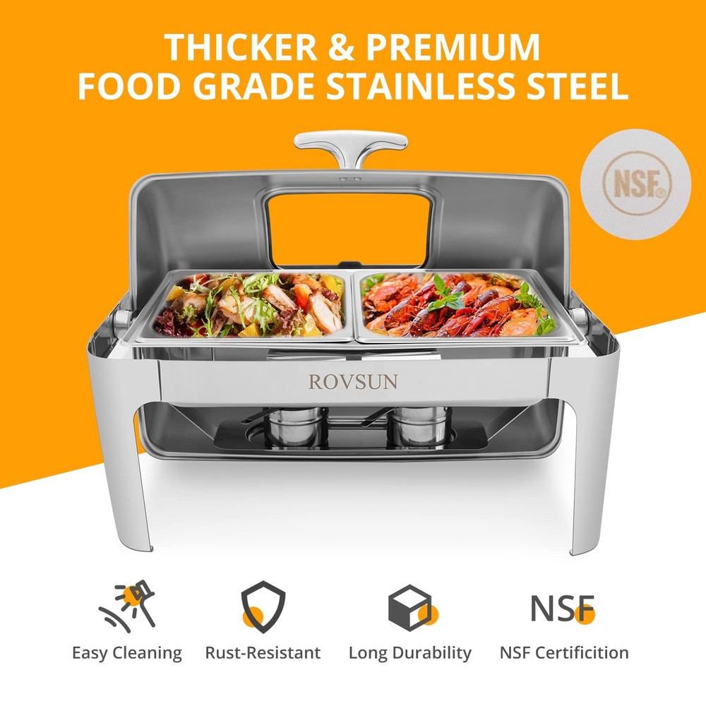 Roll Top Chafing Dish Buffet Set,NSF 9 Quart Rectangular Stainless Steel Chaf...