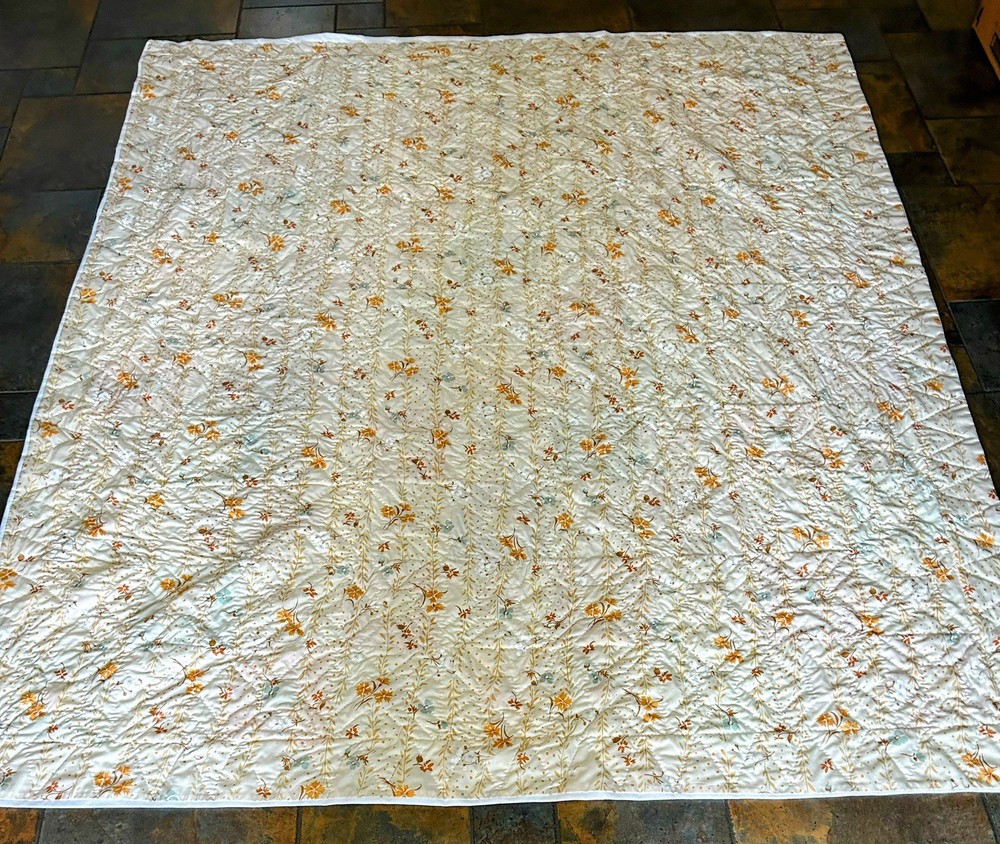 Vtg 70’s Hand Made & Quilted Polyester Double Knit Patchwork Quilt 99” X 83”