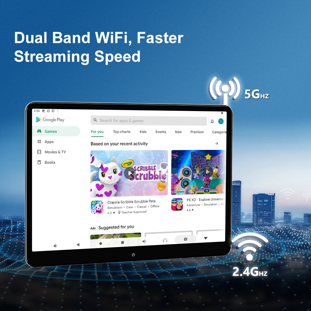 14" Android 64GB QHD Screen Car TV Backseat Headrest Monitor 4K WiFi +Headphones