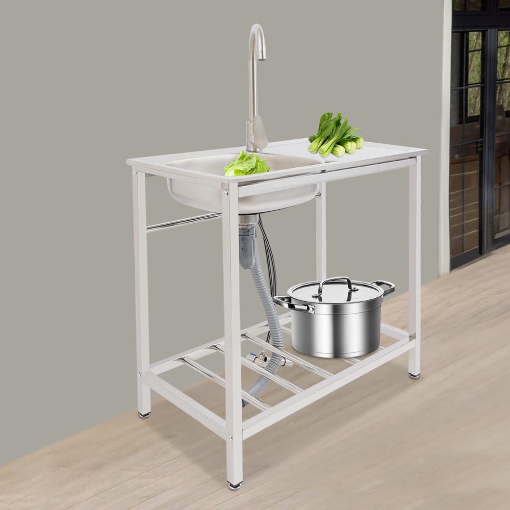 Stainless Steel Kitchen Sink Single Compartment Prep Table Freestanding Laundry
