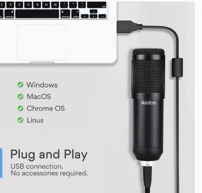 IKEDON USB Condenser Microphone, 192KHZ/24Bit Plug & Play Mic Setup