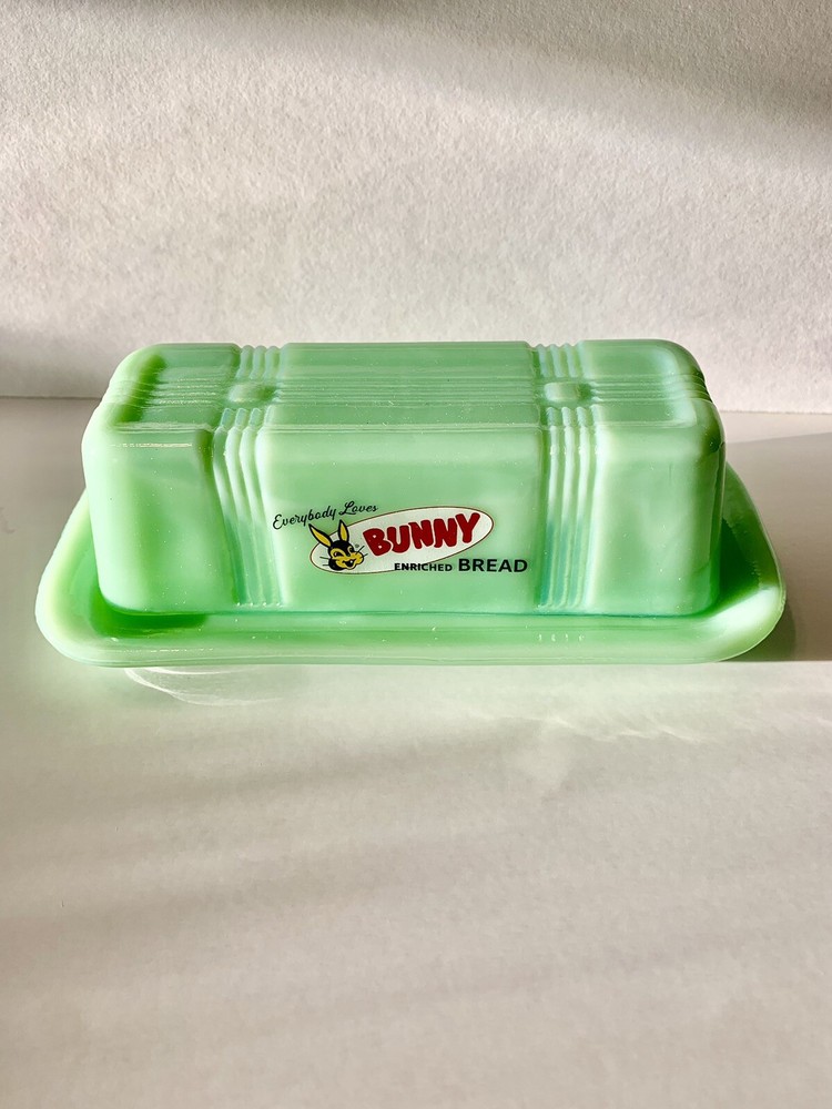Jadeite Butter Dish With Bunny Bread Design