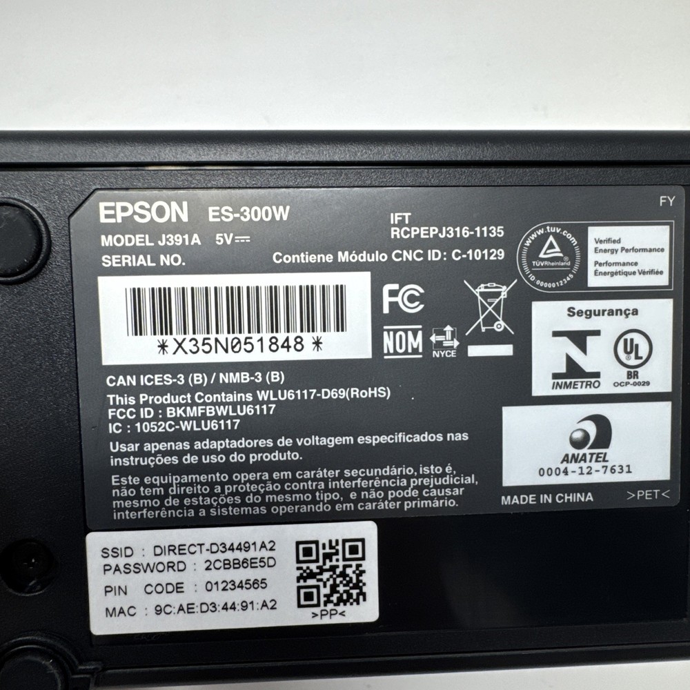 EPSON ES-300W Wireless Duplex Document SCANNER W/Power & USB Cable W/Case Tested
